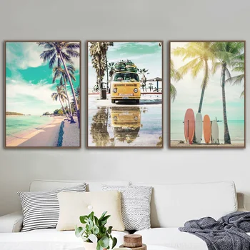 Paplūdimys palmės, Kokoso Medžio Žvaigždė Burlenčių Jūros Sienos Menas Spausdinti Paveikslai Tapyba Šiaurės Plakatas Sienos Nuotraukas Gyvenimo Kambario Dekoro