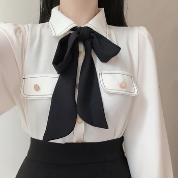 Ponia Pasukite žemyn apykaklės Balta Office lady Viršūnes Naujas mados peteliškę Moterų palaidinė Kišenėje ilgomis rankovėmis marškinėliai blusa feminina