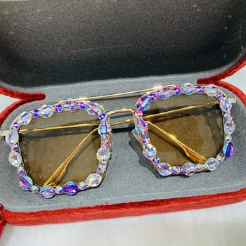 Prabanga Aikštė Akiniai nuo saulės Moterims Retro Markės dizaineris Metalinio Rėmo spalvingas kristalų Negabaritinių Saulės Akiniai Moterų Atspalvių Oculos
