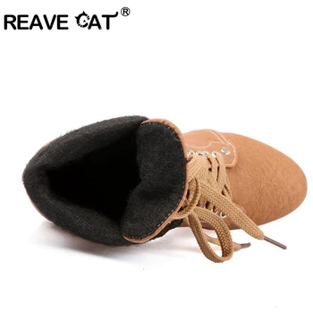 REAVE KAČIŲ Rudens Žiemos Moterų batai aukštakulniai Nėrinių odos du kartus sagtis Platforma trumpas bateliai Nauji juoda QA3246
