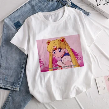 Sailor Moon 90s Juokinga T-shirt Harajuku Drabužius T-shirt Ullzang Graži Katė Anime Mielas Moterų Marškinėliai trumpomis Rankovėmis T-shirt Spausdinti