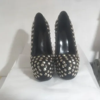 SHOFOO batai.Mados naujovė moterų batai, black cashmere oda, dekoratyvinės kniedės,apie 14.5 cm aukšto kulno batai. DYDIS:34-45