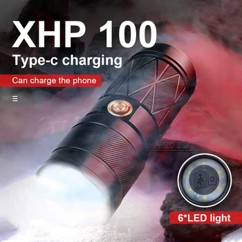 XHP100 Galingas žibintuvėlis žibintuvėlis uodega su 6 led šviesos gali įkrauti telefono Built-in 3*2200 mAh baterijos naudojimo TIPAS-C įkroviklis
