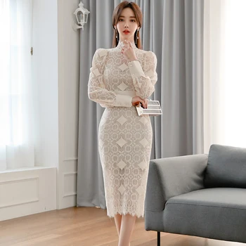2020 Korėja Stovėti ant Kaklo Balta Nėrinių Suknelės, Moterų Ilgas Rankovėmis Aukštos Juosmens Pieštuku Bodycon Kelio Ilgis Seksualus Šalies Vestidos