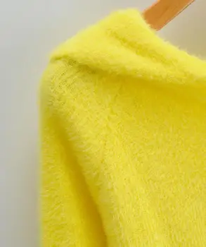 2020 m. Moteris Geltona Shaggy Užtrauktuką Gobtuvu Apkarpytos Cardigan Megztinis, Vintage Megzti Susiduria bamba Trumpas Trikotažas ilgomis rankovėmis Megztinis