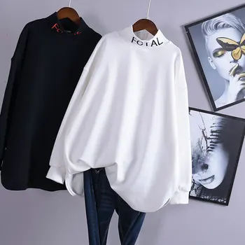 2020 m. Rudenį Naujų korėjos Moterys Paprastas Baltas Atsitiktinis Dugno T-shirt Siuvinėjimo Raštais Aukšto Kaklo Negabaritinių marškinėliai