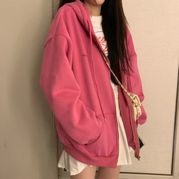 2020 Naujas zip-up Moterų korėjos Stiliaus hoodies Derliaus vientisos Spalvos ilgomis Rankovėmis Negabaritinių Gobtuvu Palaidinukė Lady Moterų Atsitiktinis Paltai