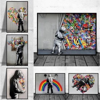 Abstrakti vaivorykštė meilė širdies Graffiti, Gatvės Menas, Plakatų Ir grafikos Sienos Nuotraukas Ant Drobės Spausdintos Tapyba Už Kambarį
