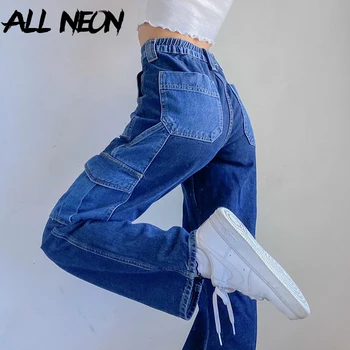 ALLNeon Hip-Hop Stilių Kratinys wirh Kišenės Tiesūs Džinsai 90s Streetwear High Waisted Atsirišo Džinsinio Ilgas Kelnes Rudenį Kelnės