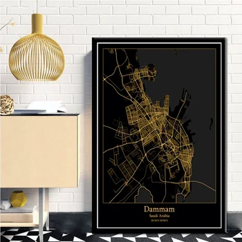 Dammam Saudo Arabija Black&Gold Miesto Šviesos Žemėlapiai Užsakymą Pasaulio Miesto Žemėlapį, Plakatai, Drobė Spausdina Šiaurės Stiliaus Sienos Menas Namų Dekoro
