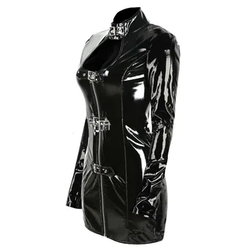 Ilgomis rankovėmis sagtis kaklo PVC trumpos suknelės zip iki krūtinė latekso bodycon suknelė aukštos apykaklės, black PVC mini suknelė atvira krūtinė suknelės