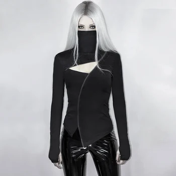 InsGoth Turleneck Bodycon Juoda Moterų marškinėliai Gothic Punk Užtrauktukas Tuščiaviduriai Iš Long Sleeve T-shirt Streetwear Šalies Seksualus Goth Viršų