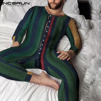 Mados Vyrų Jumpsuit Dryžuota Pižama ilgomis Rankovėmis Mygtuką Fitneso Patogus Rompers Homewear Mens Patogus Sleepwear INCERUN