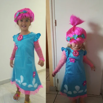 Mažmeninės prekybos Troll Perukas +suknelė nustatyti Vaikų Kostiumai Mergaitėms Karnavaliniai Kostiumai Vaikams Suknelė Troliai Drabužius Aguonų Šalies vestido de festa