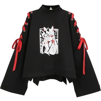 Moterų Anime Fox Spausdinti Kryžiaus Juostelė Moterų Lolita Girl marškinėliai Harajuku Pavasario Juoda Viršuje Hoodie Sijonas, Kojinės Karšto