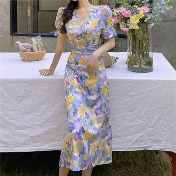 Moterų Šifono Suknelė Korėja Elegantiškas Gėlių Suknelės Moteris, V-Kaklo Derliaus Spausdinimo Vestido