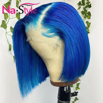 Mėlyna Žmogaus Plaukų Perukai Black Moterys Spalvos Trumpą Bob Nėriniai Perukas Pixie Supjaustyti Perukas Žmogaus Plaukai Balinti Mazgų 130 Remy Brazilijos Plaukų
