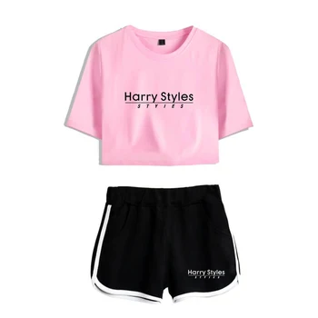 Naujas Harry Styles Atspausdinta dviejų dalių Rinkinys Sexy Medvilnės marškinėliai Moteris Tracksuit Mados Pasėlių Viršų ir Šortai, Kelnės Vasaros Drabužių
