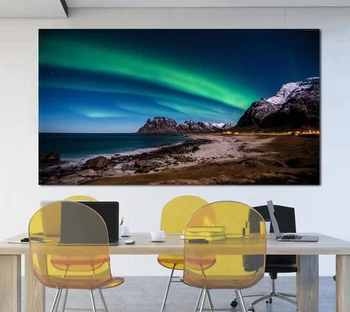 Norvegijos lofoteno aurora šiaurės pašvaistė kalnai, jūros kambarį dekoro ir namų sienos meno dekoro medžio rėmo audinio plakatas kg785