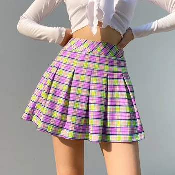 Preppy Violetinė Pleasted Sijonas Mini Linijos Streetwear Japonų Stiliaus High Waisted Pledas Sijonas Moterims Seksualus Trumpas Teniso Sijonai Jauni