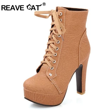 REAVE KAČIŲ Rudens Žiemos Moterų batai aukštakulniai Nėrinių odos du kartus sagtis Platforma trumpas bateliai Nauji juoda QA3246