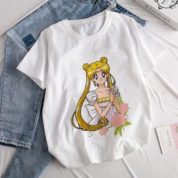 Sailor Moon 90s Juokinga T-shirt Harajuku Drabužius T-shirt Ullzang Graži Katė Anime Mielas Moterų Marškinėliai trumpomis Rankovėmis T-shirt Spausdinti