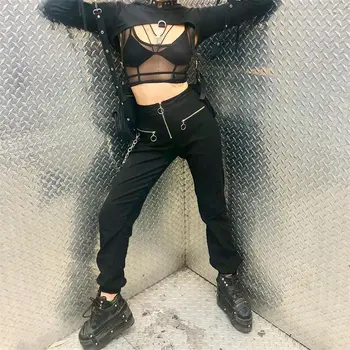 Streetwear Užtrauktukas Haremo Kelnės Moterims 2020 Gotikos Harajuku Aukšto Liemens Kelnės Atsitiktinis Poilsiu Punk Juoda Su Grandinės Kelnės Moteriška