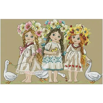 Trys mergaitės dėvėti gėlių modelius Skaičiuojami Kryželiu 11CT 14CT 