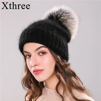 Xthree 70% Angola Triušio kailio megzta kepurė su tikro kailio pom pom skrybėlę Skullie kepuraitė žiemos skrybėlę moterų girl 's hat moteriška kepurė