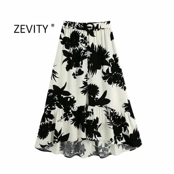Zevity Naujas Moterų Vintage black lapų spausdinimo krūtinėmis lino midi sijonas faldas mujer lady sagtis varčias elegantiškas ruffles sijonai QUN659