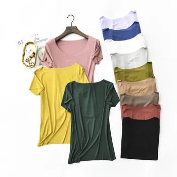 2020 Nauji trumparankoviai moteriški marškinėliai Vasarą Naujų Besiūliai marškinėliai Modalinis vientisos Spalvos Didelis Dydis Moterų, Žemiausią Marškinėliai