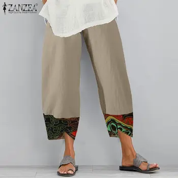 2021 ZANZEA Moterų Kelnes Vasaros Kelnės Atsitiktinis Derliaus Spausdinti Haremo Kelnės Prarasti Pantalon Medvilnės Skalbiniai Ropė Palazzo Plius Dydis