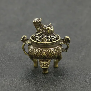 Antikvariniai Žalvaris Trijų Kojų Qilin Galvos Censer Degiklis Mini Papuošalai Kinijos Senovės Žvėrys Censer Padengti Kieta Vario Arbatos Stalo Dekoras