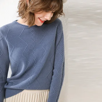 BARESKIY kašmyro megztinis moteriška nauja O-kaklo megztiniai megztinis kailis atsitiktinis ruožas vientisos spalvos ilgomis rankovėmis megztinis moteriški drabužiai