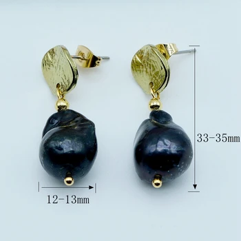 Black pearl auskarai, baroko gamtos perlai, ponios aukso auskarai, derliaus apvalūs auskarai, mados perlų papuošalai
