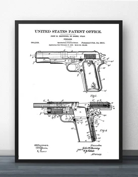Colt 1911 Šaunamojo Ginklo Patentų Planas Sienos Meno Dažai Sienų Dekoras Drobė Spausdina Drobė Meno Plakatas Naftos Paveikslai, Be Rėmelio
