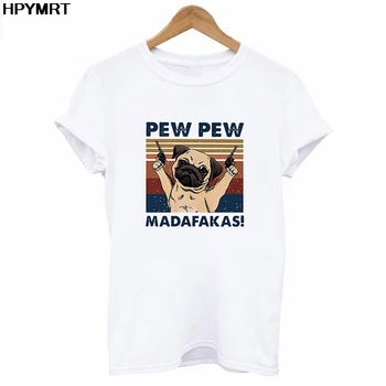 Juoda Katė Pew Pew Madafakas Funny Cat Gangsteris Su Šautuvu Retro moteriški marškinėliai trumpomis rankovėmis T-Shirt Humoro Dovana Viršūnes tee marškinėliai