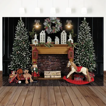 Kalėdų Fotografijos Fone Xmas Tree House Modelis Trojos Arklys Fone Židinys Vaikų Šalis Dekoro Prop Foto Studija