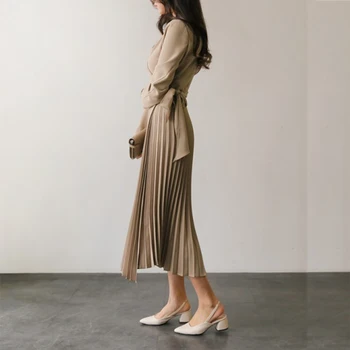 Korėjiečių Moterų Aprangos Drabužių 2020 M. Rudenį Dizaineris ilgomis Rankovėmis Plisuotos Suknelė Mados Įpjovomis Apykaklės Lankas Ilgas Švarkas suknelė