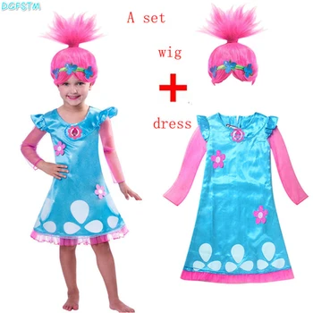 Mažmeninės prekybos Troll Perukas +suknelė nustatyti Vaikų Kostiumai Mergaitėms Karnavaliniai Kostiumai Vaikams Suknelė Troliai Drabužius Aguonų Šalies vestido de festa