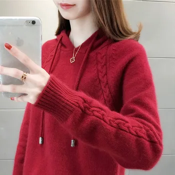 Megztinis moterų prarasti viršutiniai drabužiai pavasario drabužių 2020 naujas ponios gobtuvu megztinis nėrinių visą rankovės