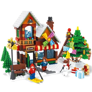 Mini Žiemos Žaislų Parduotuvė Post Office Elnias Krepšelį Blokai Miesto Kalėdų Street View 