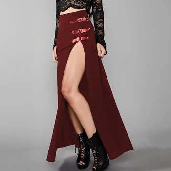 Rosetic Seksualus Punk Moterų Maxi Sijonas Aukštu Juosmeniu Padalinti Dizainą Sagtis Gothic Black Derliaus Šalis, Raudona Elegantiškas Ilgas Kelnes 2020 M. Rudenį