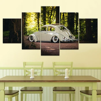 Volkswagen Beetle Automobilių Drobės Tapybos Sienos Meno Modulinės Kambarį Namų Dekoro Plakatas 5 Gabalus HD Spaudinių Miškų kraštovaizdžio Nuotraukos