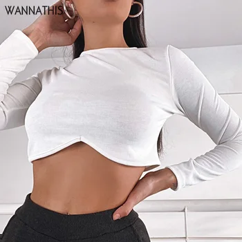 WannaThis O-kaklo, Apsiuvas Assymmetric ilgomis Rankovėmis marškinėliai Seksuali Moteris Liesas Streetwear 2020 M. Rudens Mados Atsitiktinis Apkarpytos Viršuje Kietas
