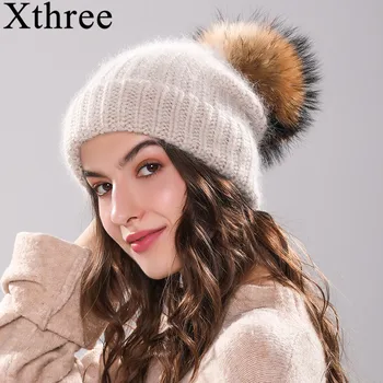 Xthree 70% Angola Triušio kailio megzta kepurė su tikro kailio pom pom skrybėlę Skullie kepuraitė žiemos skrybėlę moterų girl 's hat moteriška kepurė
