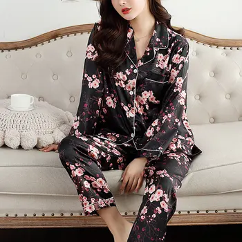 2 Vnt Dėmių Gėlių Spausdinti Išjunk Collor Moterų Pajama Komplektai Ilgos Rankovės Kišenėje Lady Lounge Nustatyti 2020 M. Rudenį Moterų Homewear