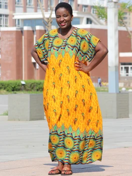 2019 Naujas Mados Geltona Spalvinga Spausdinti Šalis Medvilnės Afrikos Dashiki Suknelė
