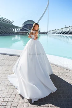 2021 Vestido De Noiva Satino Vestuvių Suknelės Scoop Rankovių Nėrinių Appliques Nėrinių Valymo Traukinio Užsakymą Pagaminti Vestuvių Vestuvių Suknelės