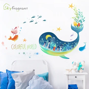 Animacinių filmų fantazijos povandeninį pasaulį siena lipdukas mielas banginis vaikų kambario apdailos miegamasis dekoro, sienų dekoras lipnios etiketės